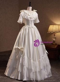White Satin Lace Short Sleeve Bow Wedding Dress