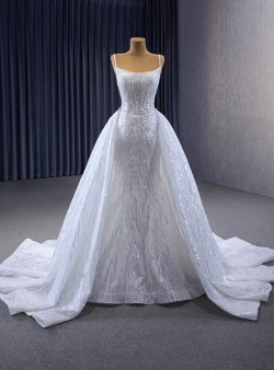 White Mermaid Sequins Straps Wedding Dress Detachable Train