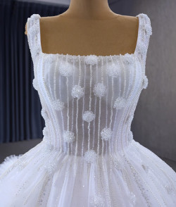 White Ball Gown Strps Beading Sequins Wedding Dress 