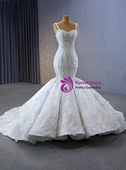 White Mermaid Sequins Beading Wedding Dress With Train