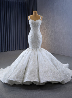 White Mermaid Sequins Beading Wedding Dress With Train