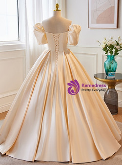 Champagne Satin Flower Puff Sleeve Wedding Dress