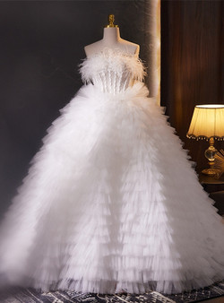 White Tulle Tiers Pearls Feather Wedding Dress