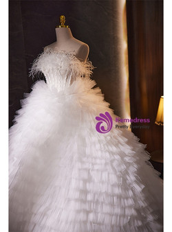 White Tulle Tiers Pearls Feather Wedding Dress