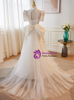 White Lace High Neck Short Sleeve Pearls Wedding Dress