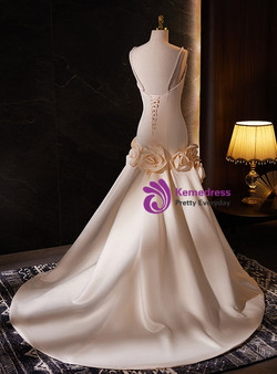 Champagne Mermaid Satin Straps Pearls Flower Wedding Dress