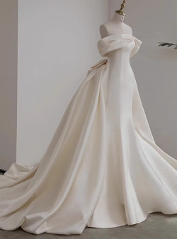 Ivory Satin Off the Shoulder Beading Wedding Dress