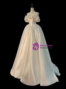 White Satin Off the Shoulder Flower Wedding Dress