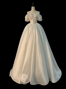 White Satin Off the Shoulder Flower Wedding Dress