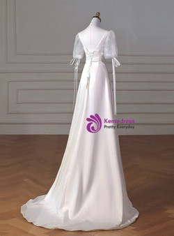White Satin Square Neck Short Sleeve Wedding Dress