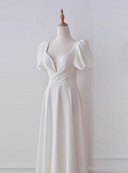 White Satin Square Puff Sleeve Pearls Wedding Dress