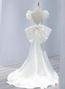 White Mermaid Satin Puff Sleeve Bow Wedding Dress  White Mermaid Satin Puff Sleeve Bow Wedding Dress