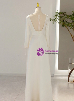 A-Line White Satin V-neck Backless Wedding Dress