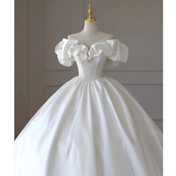 White Satin Off the Shoulder Pearls Beading Wedding Dress White Satin Off the Shoulder Pearls Beading Wedding Dress