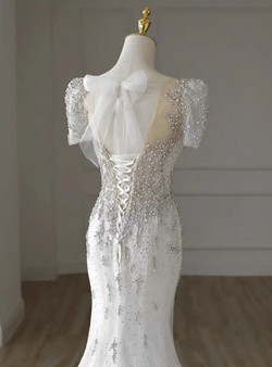 White Mermaid Tulle Beading Wedding Dress