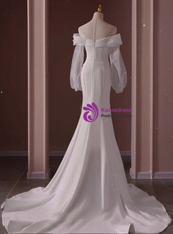 White Mermaid Long Sleeve Pleats Wedding Dress