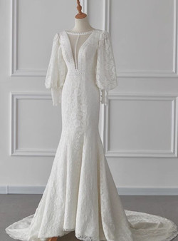 Sexy White Mermaid Lace Long Sleeve Wedding Dress