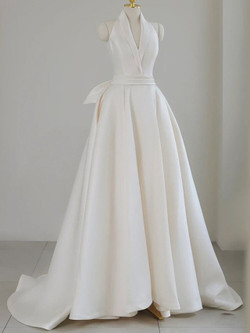 Ivory Satin V-neck Backless Wedding Dress