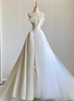 Ivory White Satin Tulle Strapless Pleats Wedding Dress