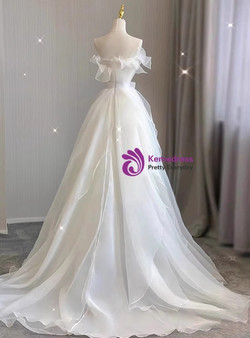 Ivory White Satin Tulle Strapless Pleats Wedding Dress