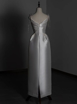 White Satin Straps Beading Short Wedding Dress