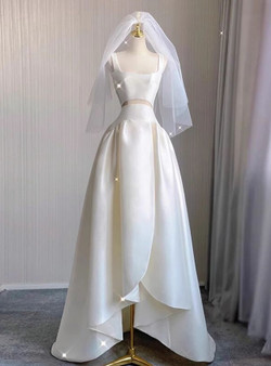 Ivory White Satin Hi Lo Cut Out Wedding Dress
