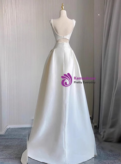 Ivory White Satin Hi Lo Cut Out Wedding Dress