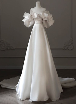 White Satin Off the Shoulder Puff Sleeve Wedding Dress White Satin Off the Shoulder Puff Sleeve Wedding Dress
