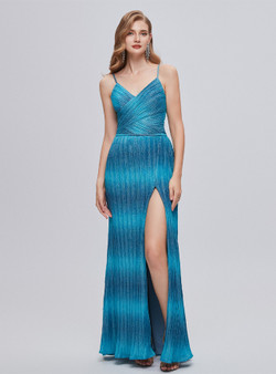 Blue Sheath Spaghetti Straps Pleats Prom Dress