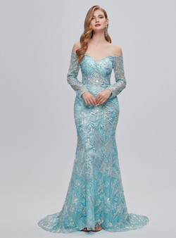 Blue Mermaid Long Sleeve Sequins Off the Shoulder Prom Dress