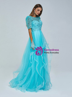 Blue Tulle Short Sleeve Sequins Prom Dress