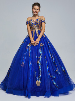 Royal Blue Tulle Sequins Appliques Off the Shoulder Prom Dress