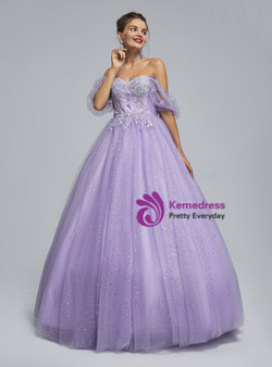 Purple Tulle Puff Sleeve Appliques Floor Length Prom Dress