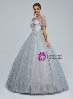Gray Tulle Puff Sleeve Appliques Prom Dress