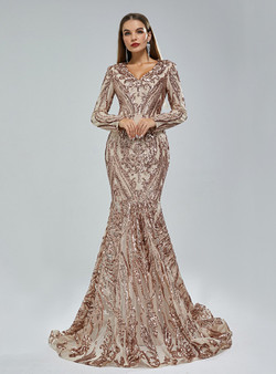 Champagne Mermaid V-neck Long Sleeve Sequins Prom Dress