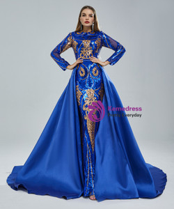 Royal Blue Mermaid Satin Sequins Prom Dress Detachable Train