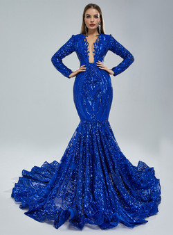 Royal Blue Mermaid Sequins See Through Neck Prom Dress