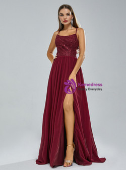 Burgundy Chiffon Sequins Spaghetti Straps Prom Dress