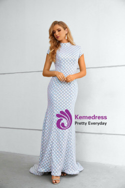 White Mermaid Sequins Cap Sleeve Prom Dress