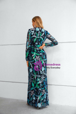 Black Mermaid Sequins Long Sleeve V-neck Prom Dress