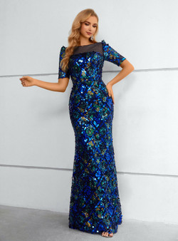 Royal Blue Mermaid Sequins Short Sleeve Prom Dress
