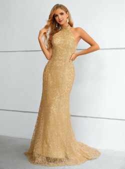 Gold Mermaid Lace Halter Backless Prom Dress