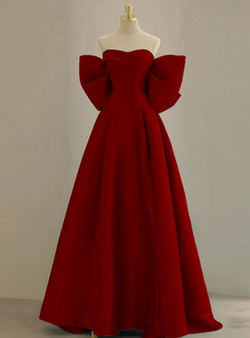 Burgundy Satin Off the Shoulder Bow Prom Dress