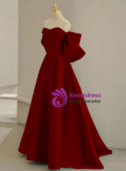 Burgundy Satin Off the Shoulder Bow Prom Dress