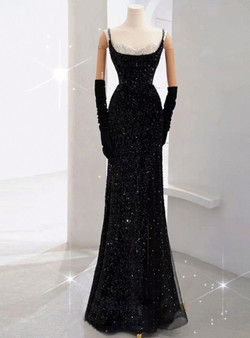 Black Mermaid Sequins Straps Prom Dress