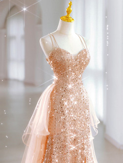 Gold Sequins Douber Straps Split Prom Dress