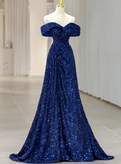 Royal Blue Sequins Off the Shoulder Pleats Prom Dress