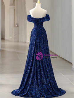 Royal Blue Sequins Off the Shoulder Pleats Prom Dress