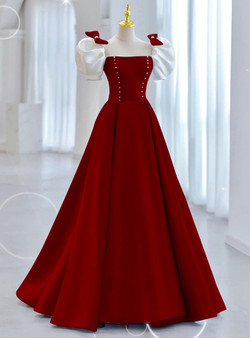 Burgundy Satin Puff Sleeve Bow Prom Dress
