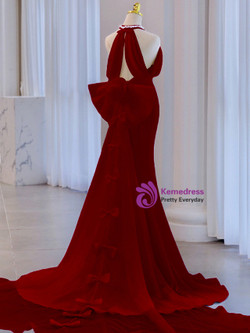 Burgundy Mermaid Halter Bow Prom Dress